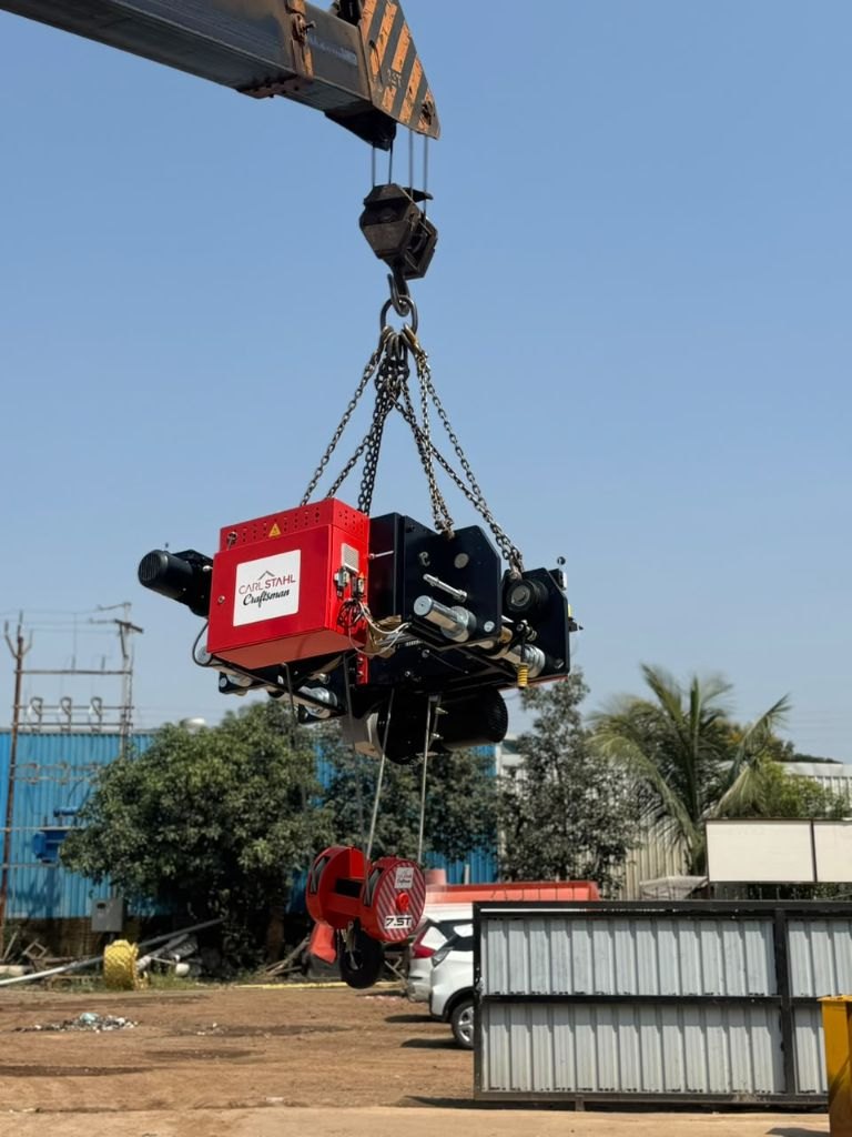 7.5 t Carl Stahl Craftsman electric wire rope hoist with trolley, lifted for installation