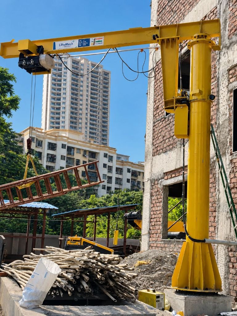 LiftoMech pillar-mounted jib crane with electric hoist installed at a site in Maharashtra